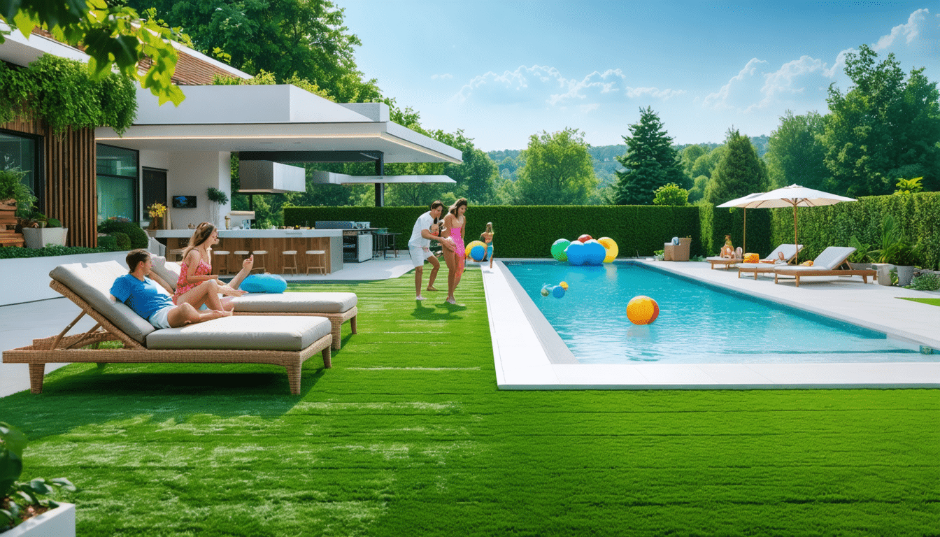 découvrez comment l'aménagement de gazon synthétique peut transformer le pourtour de votre piscine en un espace esthétique et pratique. résistant, facile à entretenir et agréable au toucher, le gazon artificiel est la solution idéale pour créer une oasis de détente tout en ajoutant une touche de verdure autour de votre bassin. profitez d'un extérieur toujours impeccable, été comme hiver.